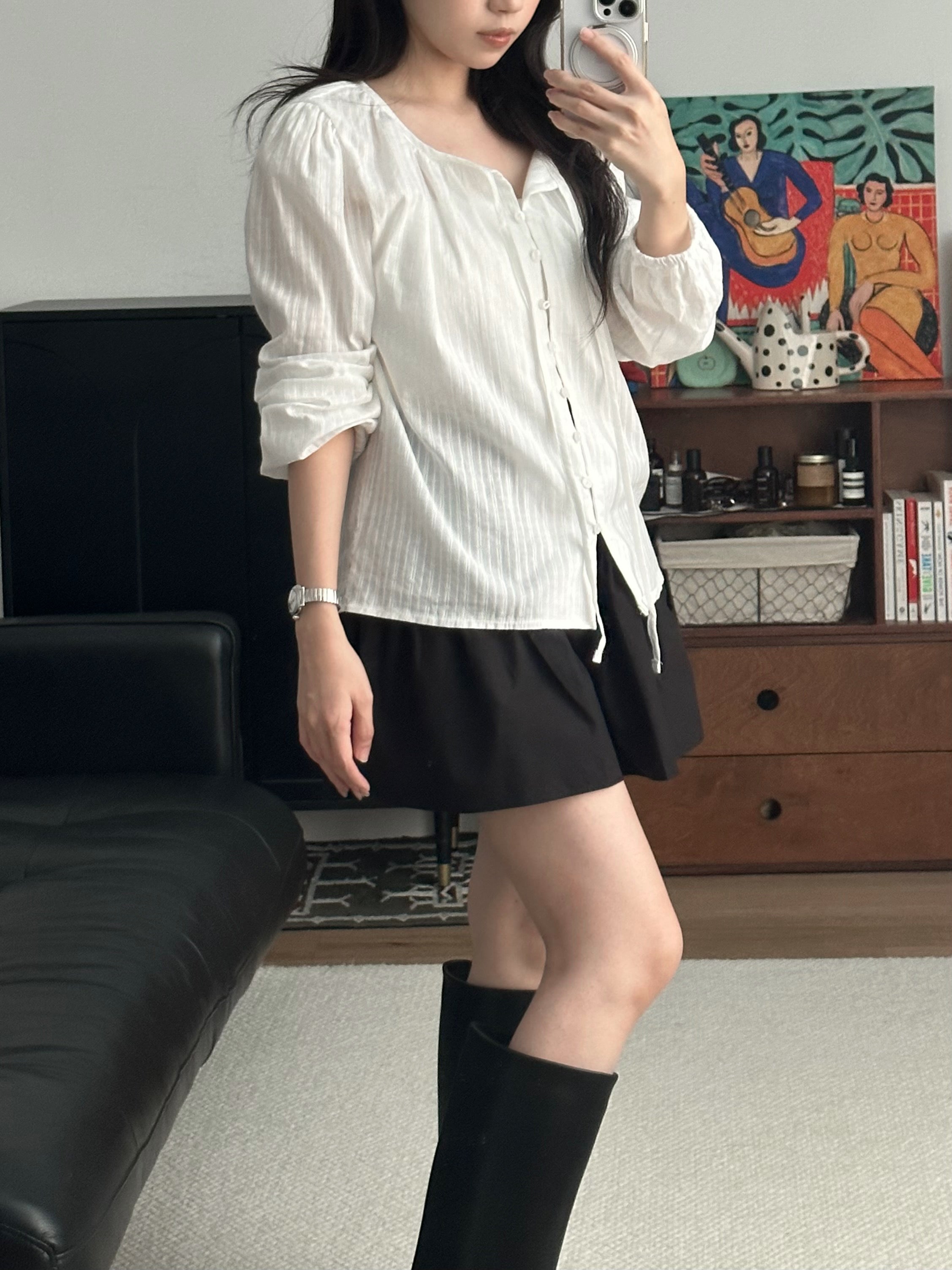 微透圓領綁帶恤衫